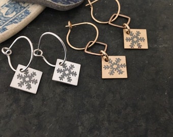 Snowflake charm earrings ~ sterling silver ~ mixed metal w/ bronze ~ 14k gold fill ~ sleepers ~ great for kids ~ stamped square Roma hoops