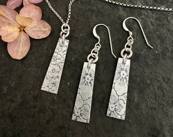 Sakura Earrings ~ Sakura necklace ~ cherry blossom earrings ~ dogwood ~ posey ~ long thin floral earrings ~ sterling silver flower necklace