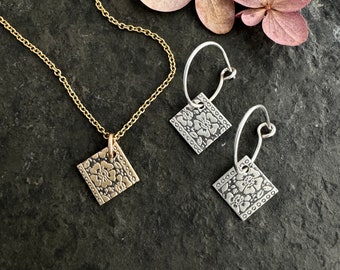 Wild Rose earrings ~ necklace ~ sterling silver ~ gold fill ~ etched flower  ~ stamped floral pendant