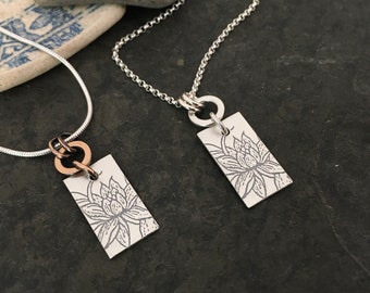 Lotus pendant necklace ~ sterling silver ~ mixed metal ~ silver w/ bronze ~ rolo  chain ~ mandala stamp  ~ rectangle Mali charm