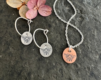 Bee Earrings ~ short charm necklace ~ small round earrings ~sterling silver ~ copper ~ gold fill ~ gift for beekeeper