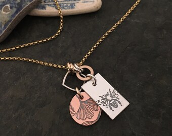 Boho Bee Dog Tag Necklace ~ sterling silver charm + chain ~ gold fill chain ~ mixed metal ~ tree ~  ~ copper charm ~  mixed metal