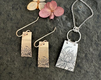 Handmade Lotus Necklace and Earrings, Sterling Silver or Gold Fill