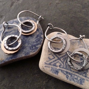 Mixed metal circle earrings ~ silver ~ bronze ~ sterling  ~ gold fill ~ comfortable ~ simple  ~ charm on hoops