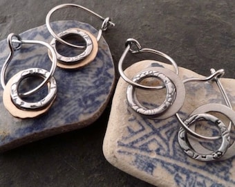Mixed metal circle earrings ~ silver ~ bronze ~ sterling  ~ gold fill ~ comfortable ~ simple  ~ charm on hoops