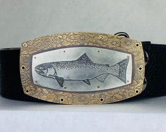 Fish Belt Buckle ~ sterling silver ~ brass ~ copper ~ steel backing ~ etched patterned ~  buckle 3 3/8" x 1 7/8" ~ leather belt 1.5" wide