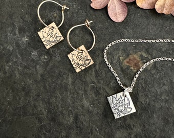 Lotus earrings ~ lotus necklace ~ sterling silver ~ 14k gold fill ~ sleepers  ~ stamped charm on hoop ~ stamped lotus on hoop