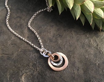 Mixed metal small circle pendant ~ sterling silver ~ bronze ~ gold fill ~  charm necklace