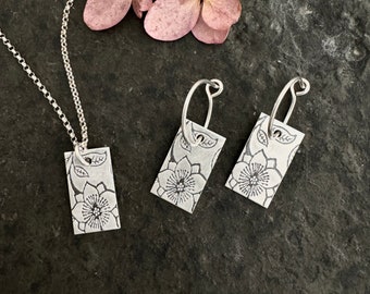 Clematis Earrings ~ necklace ~ sterling silver ~ mixed metal ~ flower charm ~ bronze ~ stamped floral