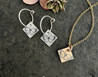 Butterfly earrings ~  necklace ~ sterling silver  ~ gold fill ~ etched pendant