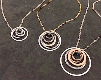 Mixed metal circle necklace ~ floating circles ~ ring on chain ~ sterling silver ~ 14k gold fill ~ bronze