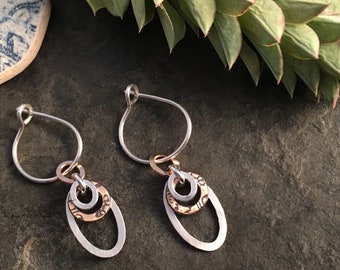 Mixed metal oval earrings ~ sterling silver ~ bronze ~ gold fill ~ comfortable hoops ~ sleeper hoop with charm