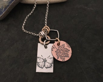Boho Butterfly Dog Tag Necklace ~ sterling silver charm + chain ~ gold fill chain ~ mixed metal ~ cherry blossom on back ~ copper charm