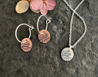 Bird Earrings ~ small round charm necklace ~ sterling silver ~ copper ~ gold fill ~ mixed metal ~ gift for birdwatcher