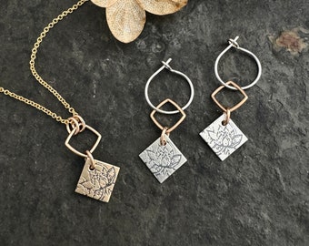 Lotus necklace ~ lotus earrings ~ sterling silver ~ mixed metal ~ silver and  bronze ~ 14k gold fill ~  square charm on hoop ~ nickel free