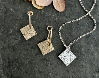 Paper Rose earrings ~  necklace ~ sterling silver  ~ gold fill ~ stamped flower charm ~ etched floral