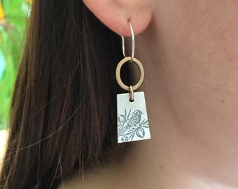 Bird Earrings / Dogwood flower Earrings ~ sterling silver ~ 14k gold fill ~ mixed metal with silver / bronze ~ charm on hoop