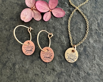 Lotus Earrings ~ small round charm necklace ~ gold fill ~ sterling silver ~ copper ~ mixed metal ~ yoga gift ~ yogi