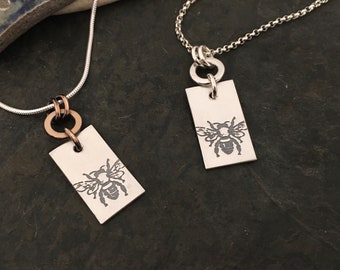 Bee pendant necklace ~ sterling silver ~ mixed metal ~ silver w/ bronze ~ rolo or snake chain ~ tree  ~ stamped charm pendant