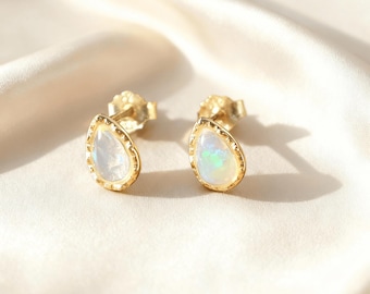 Orecchini a bottone in opale, orecchini a bottone in argento sterling placcato oro 14 carati, regali minimalisti per lei