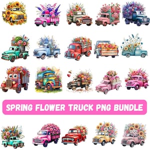 May include: A set of watercolour illustrations featuring vintage trucks laden with vibrant flowers. The trucks are painted in a variety of colours, such as yellow, pink, blue, and red. The text "SPRING FLOWER TRUCK PNG BUNDLE" is displayed on a pink banner.