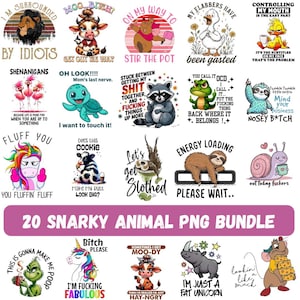 Può includere: Una collezione di 20 grafiche PNG di animali sarcastici. Ogni grafica presenta un animale diverso con testo umoristico. Le immagini includono un leone, una mucca, un orso, un'anatra, un pulcino, un fenicottero, una tartaruga, un procione, una rana, un bradipo, un unicorno, una mucca, uno scoiattolo, un bradipo, una lumaca, il Grinch, un unicorno, una mucca, un rinoceronte e un topo.
