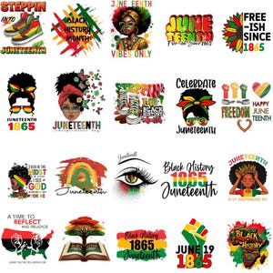 Puede incluir: Una colección de diseños coloridos para Juneteenth y el Mes de la Historia Negra. Las imágenes incluyen texto, ilustraciones de zapatos, retratos y elementos gráficos en rojo, amarillo, verde y negro. Los diseños celebran la libertad y la herencia.