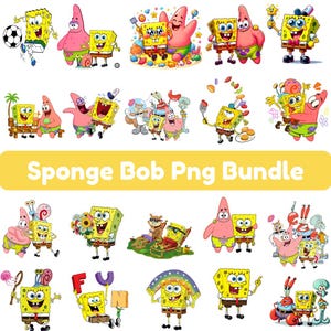 Puede incluir: Una colecci&oacute;n de im&aacute;genes PNG coloridas de Bob Esponja. Las im&aacute;genes presentan a Bob Esponja, Patricio Estrella y otros personajes en varias poses y actividades. El texto "Sponge Bob Png Bundle" se muestra en una pancarta amarilla.