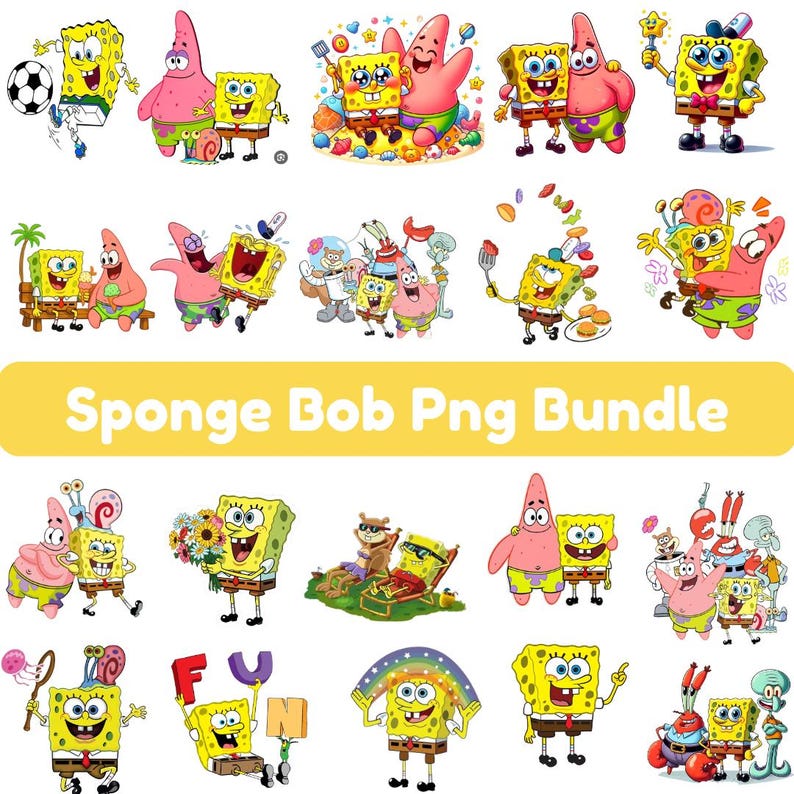 Puede incluir: Una colecci&oacute;n de im&aacute;genes PNG coloridas de Bob Esponja. Las im&aacute;genes presentan a Bob Esponja, Patricio Estrella y otros personajes en varias poses y actividades. El texto "Sponge Bob Png Bundle" se muestra en una pancarta amarilla.