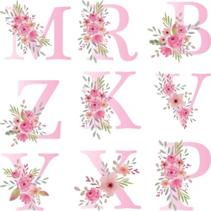 May include: Nine pink floral alphabet letters, including M, R, B, Z, K, V, Y, X, and P. Each letter is decorated with a floral arrangement of pink and peach roses and green leaves, creating a delicate and feminine design.