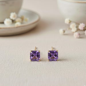 Tiny Amethyst Stud Earrings, Purple Gemstone Studs, 925 Silver Gold Plated Earrings, Small Everyday Jewelry