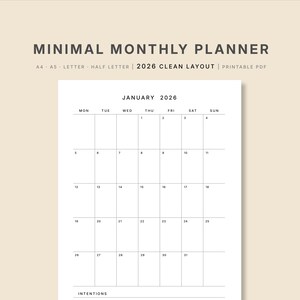 2026 Monthly Planner Printable | Minimal Intentions Calendar (A4, A5, Letter Sizes) (PDF Download)