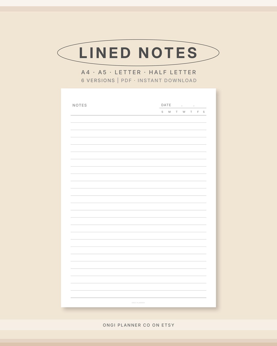 Lined Notes Printable & Fillable PDF | A4 A5 Letter Half Letter ...