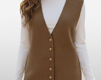 Women’s Wool Textured Vest, Classic Button Up Knit Waistcoat, Warm Winter Sleeveless Layer
