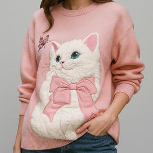 Könnte beinhalten: Hellrosa Pullover mit großem weißen Katzenmuster, rosa Schleife und blauen Augen. Ein rosa Schmetterling ist in der Nähe des Katzenkopfes gestickt. Der Pullover hat lange Ärmel und einen Rundhalsausschnitt.