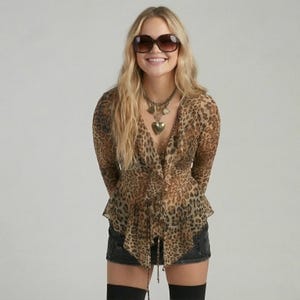 May include: A sheer, long-sleeved leopard print blouse with a plunging neckline and tie closure. The blouse is paired with black denim shorts and a layered necklace with a heart pendant. The person is wearing sunglasses and knee-high socks.