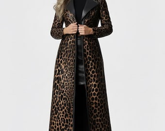 Abrigo largo con estampado de leopardo para mujer, chaqueta llamativa con cremallera frontal, elegante prenda de invierno, regalo para ella