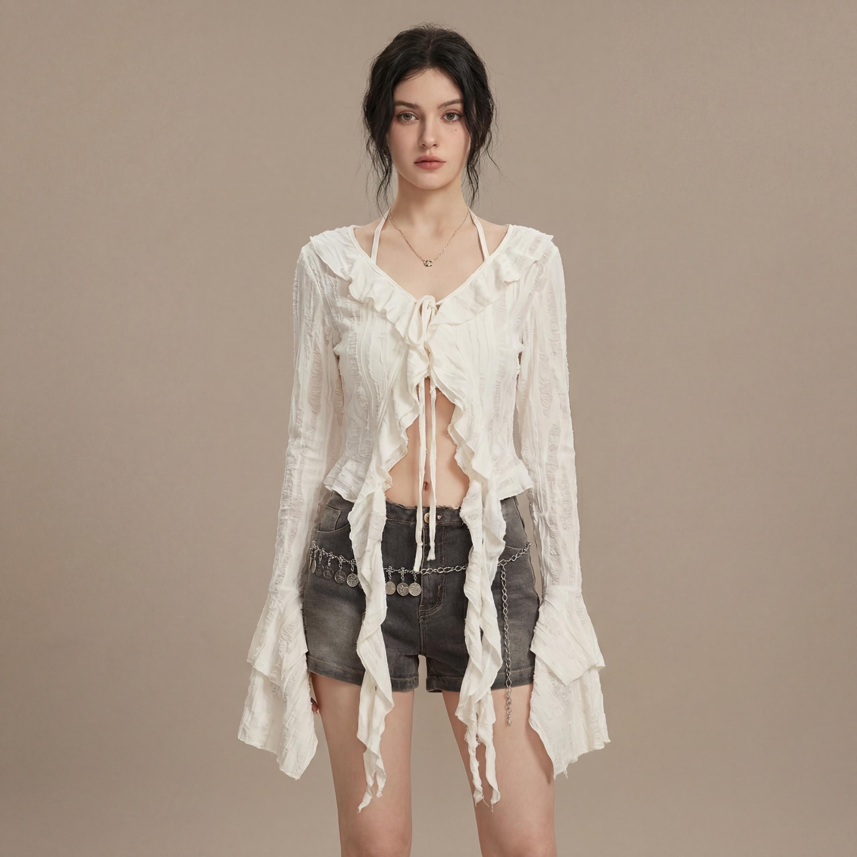 Fairycore Lace-up Crop Top, Ruffle Flare Sleeve Blouse, Boho V