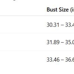 May include: A size chart for a skirt, displaying US sizes, bust measurements in inches, and skirt lengths in inches. Sizes range from S to L, with corresponding bust sizes from 30.31 to 36.61 inches and skirt lengths from 29.92 to 31.10 inches.