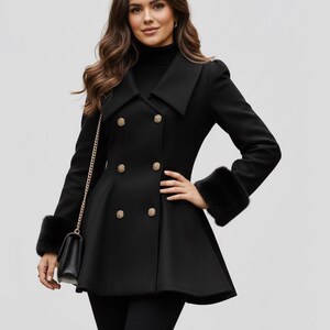 Women Winter Coat with Faux Fur Collar, Elegant Cold Weather Jacket, Double Breasted Peacoat image 6