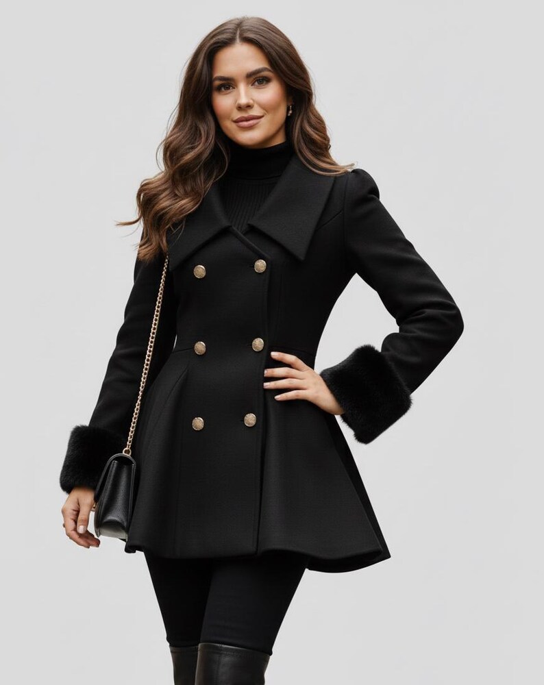 Women Winter Coat with Faux Fur Collar, Elegant Cold Weather Jacket, Double Breasted Peacoat image 6