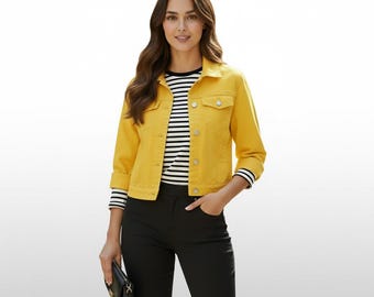 Cropped Cotton Denim Jacket, Women's Lightweight Jean Coat