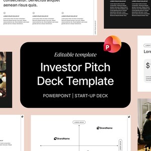 Op de afbeelding: Een bewerkbaar investor pitch deck sjabloon voor PowerPoint met een zwart centraal paneel met witte tekst Investor Pitch Deck Template, omringd door diverse dia-indelingen inclusief grafieken, tekstblokken en tijdelijke afbeeldingen.