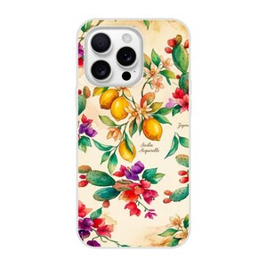 Può includere: Una cover per smartphone con una stampa in stile acquerello su sfondo color crema. Il design mostra limoni gialli, cactus fichi d'india verdi e vivaci fiori rossi e viola con foglie verdi. Il testo Sicilia Acquerello è chiaramente visibile.
