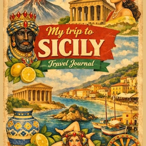 Può includere: Una copertina di diario di viaggio in stile vintage intitolata My trip to SICILY. L'illustrazione mostra l'Etna, un tempio greco, una testa di moro, una donna con foulard, limoni, una città costiera, una Trinacria e una ruota di carretto.