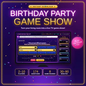 Può includere: Un gioco digitale per feste di compleanno su sfondo viola con coriandoli. Lo schermo mostra un'interfaccia di gioco con un tabellone segnapunti, domande di sondaggio e caselle di risposta. Il testo include "BIRTHDAY PARTY GAME SHOW" e "PLAY ON YOUR TV!"