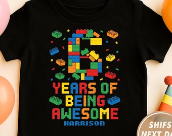 Sudadera de cumpleaños con bloques de construcción, sudadera para niños de 6.º cumpleaños, sudadera con ladrillos de juguete coloridos, sudadera con nombre personalizado