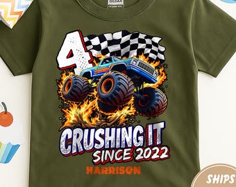 4th Crushing It Since 2022 Monster Truck Toddler Shirt, Birthdy Party Tee, Personalized Kids Birthday Shirt, 4th Birthday Outfit