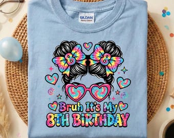 8th Birthday Girl Tie Dye Bow Shirt, Cute Rainbow Heart Glasses Party Shirt,Funny Kids Birthday Quote Shirt, Colorful Celebration Gift Shirt