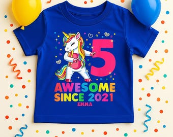 Personalized 5th Birthday Girl Shirt, Officially a Handful Shirt, Five Year Old Birthday Tee, Custom Name Unicorn Shirt, 5th Birthday Gift